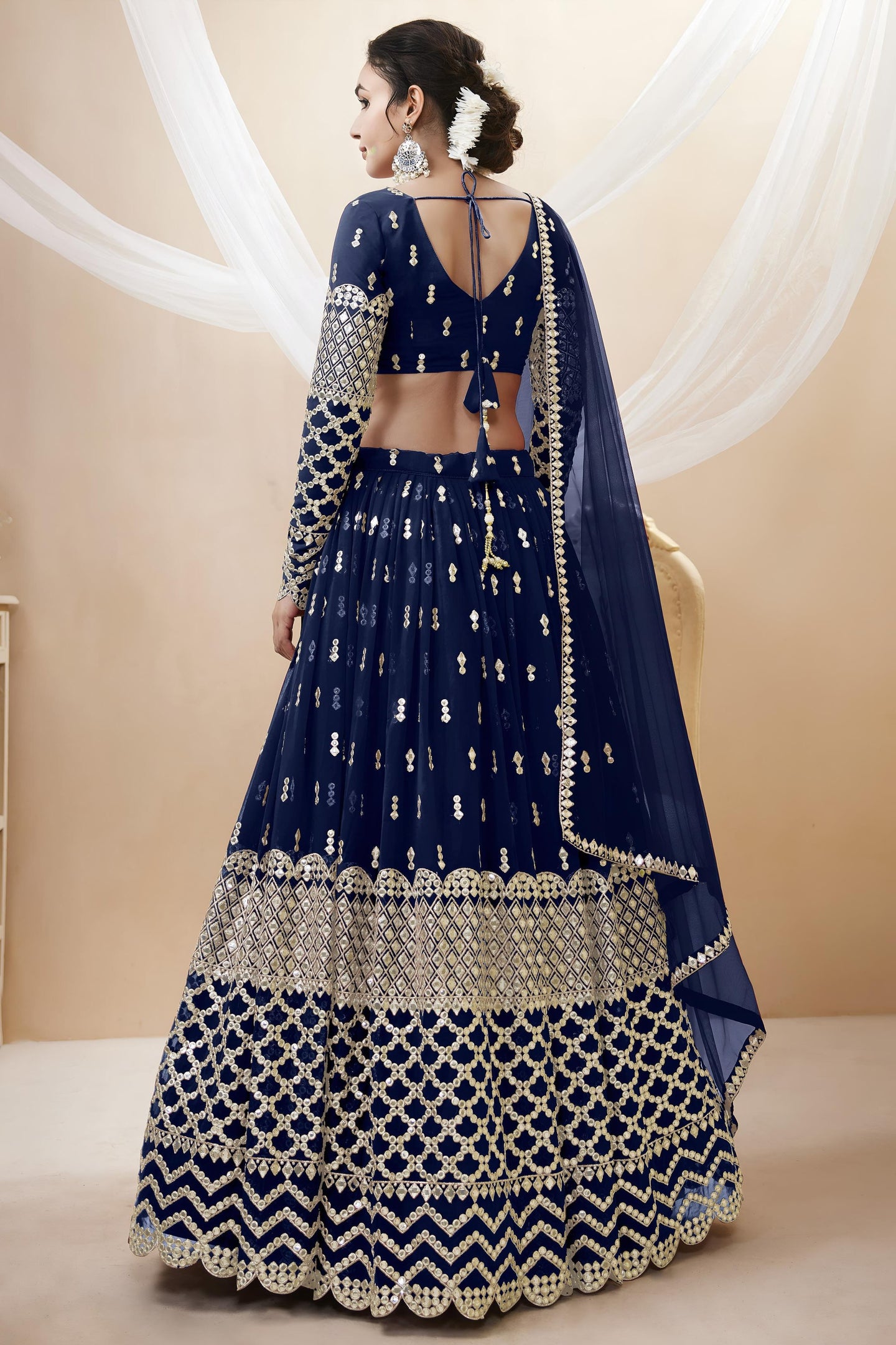 Navy Blue Georgette Lehenga Choli For Indian & Pakistani Wedding Festival - Sequins & Thread Embroidery Work, Zari Work