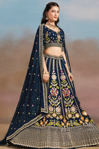 Navy Blue Georgette Lehenga Choli For Indian & Pakistani Wedding Festival - Zari Work, Resham Embroidery Work, Sequence Embroidery Work, Dori Work
