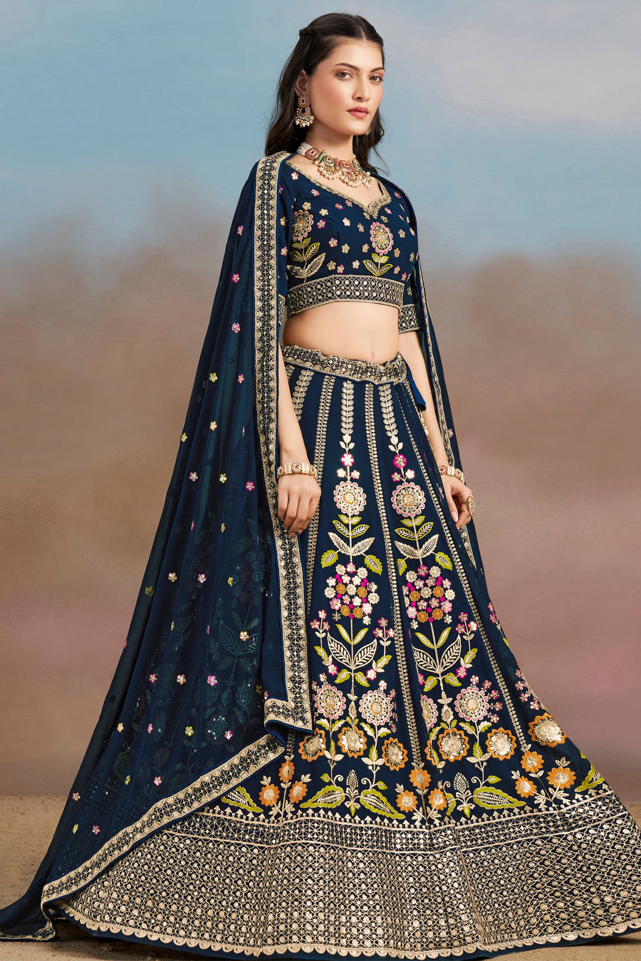 Navy Blue Georgette Lehenga Choli For Indian & Pakistani Wedding Festival - Zari Work, Resham Embroidery Work, Sequence Embroidery Work, Dori Work