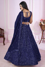 Navy Blue Georgette Lehenga Choli For Indian & Pakistani Wedding Festival - Sequins & Thread Embroidery Work