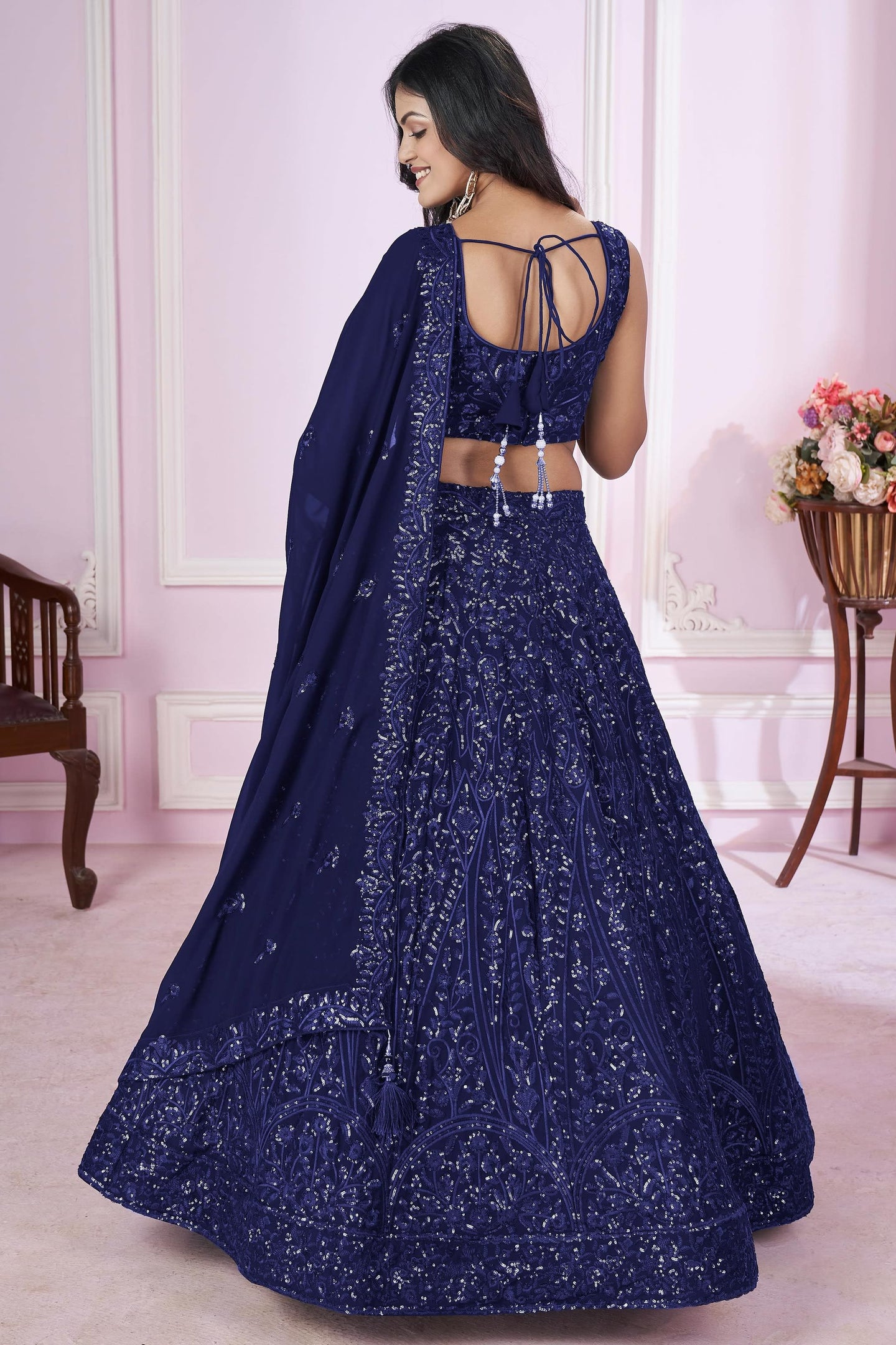 Navy Blue Georgette Lehenga Choli For Indian & Pakistani Wedding Festival - Sequins & Thread Embroidery Work