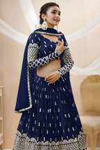 Navy Blue Georgette Lehenga Choli For Indian & Pakistani Wedding Festival - Sequins & Thread Embroidery Work, Zari Work