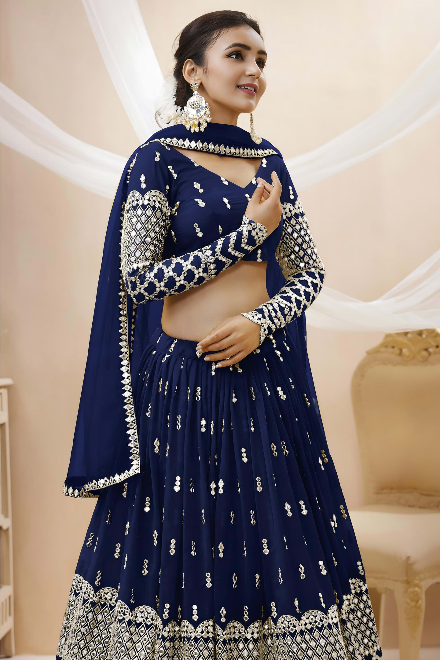 Navy Blue Georgette Lehenga Choli For Indian & Pakistani Wedding Festival - Sequins & Thread Embroidery Work, Zari Work