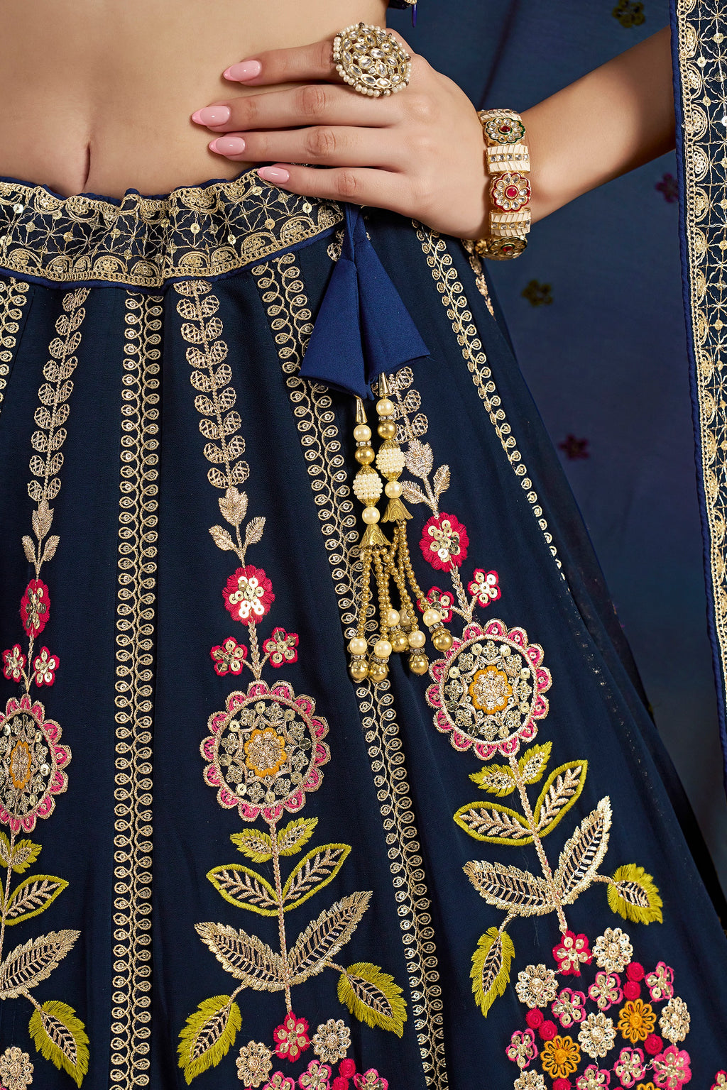 Navy Blue Georgette Lehenga Choli For Indian & Pakistani Wedding Festival - Zari Work, Resham Embroidery Work, Sequence Embroidery Work, Dori Work