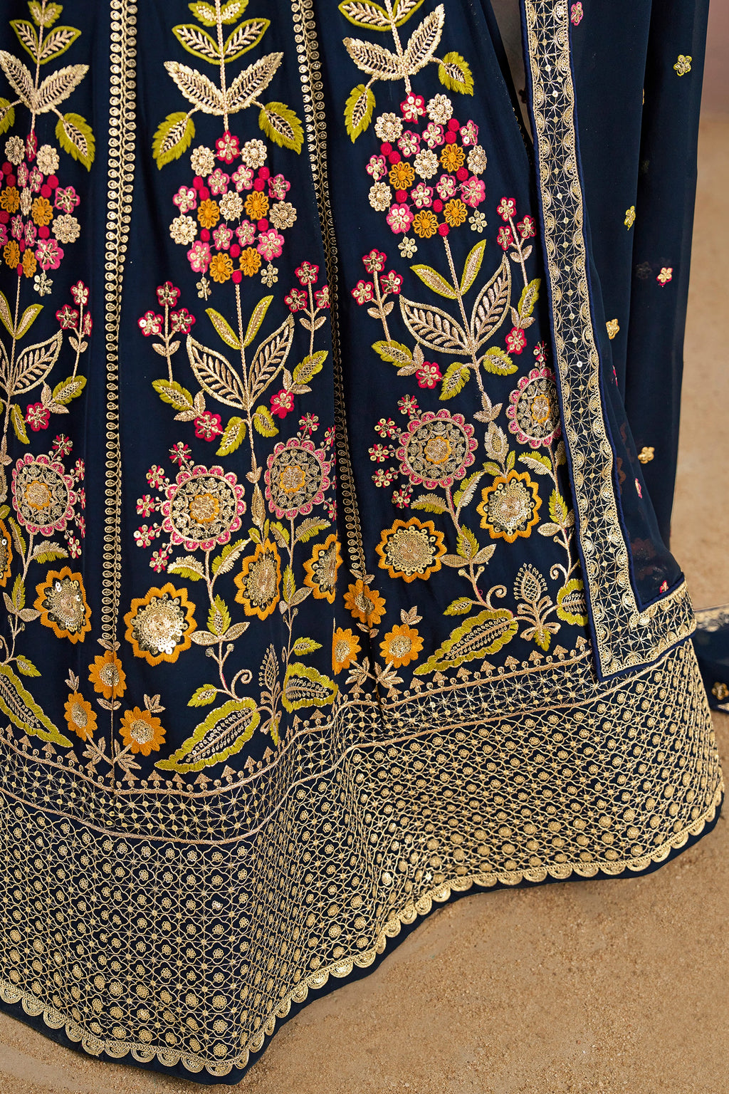 Navy Blue Georgette Lehenga Choli For Indian & Pakistani Wedding Festival - Zari Work, Resham Embroidery Work, Sequence Embroidery Work, Dori Work