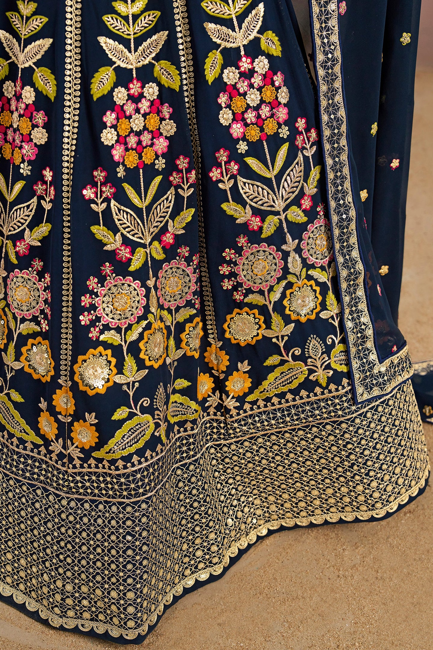 Navy Blue Georgette Lehenga Choli For Indian & Pakistani Wedding Festival - Zari Work, Resham Embroidery Work, Sequence Embroidery Work, Dori Work