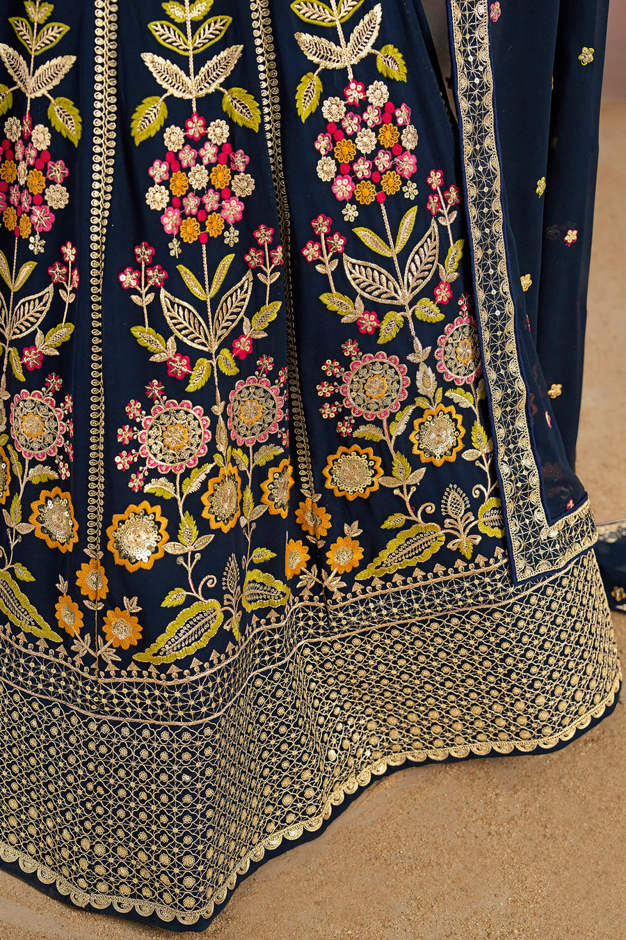 Navy Blue Georgette Lehenga Choli For Indian & Pakistani Wedding Festival - Zari Work, Resham Embroidery Work, Sequence Embroidery Work, Dori Work