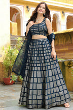 Navy Blue Georgette Lehenga Choli For Indian & Pakistani Wedding Festival - Thread & Sequins Embroidery Work