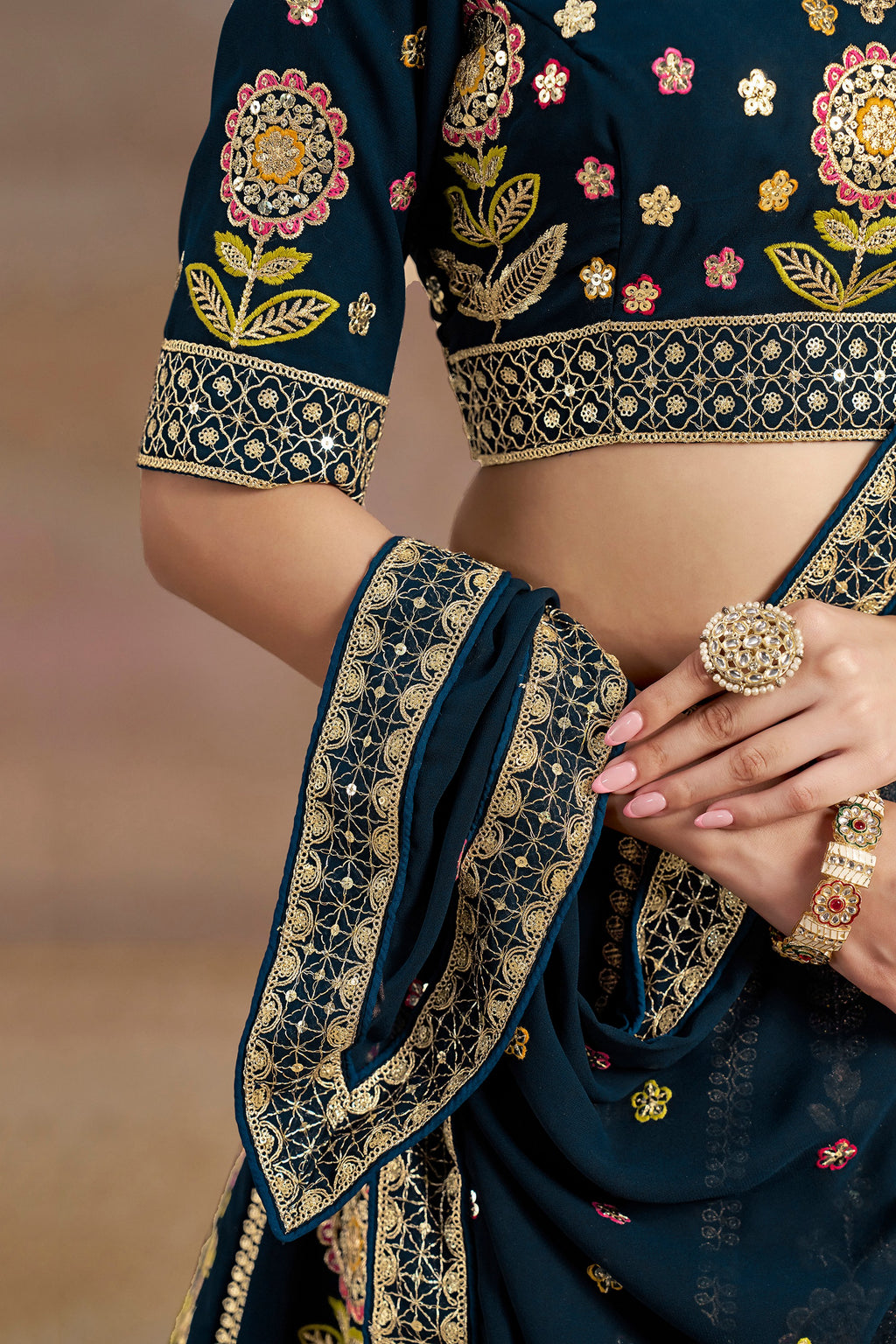 Navy Blue Georgette Lehenga Choli For Indian & Pakistani Wedding Festival - Zari Work, Resham Embroidery Work, Sequence Embroidery Work, Dori Work