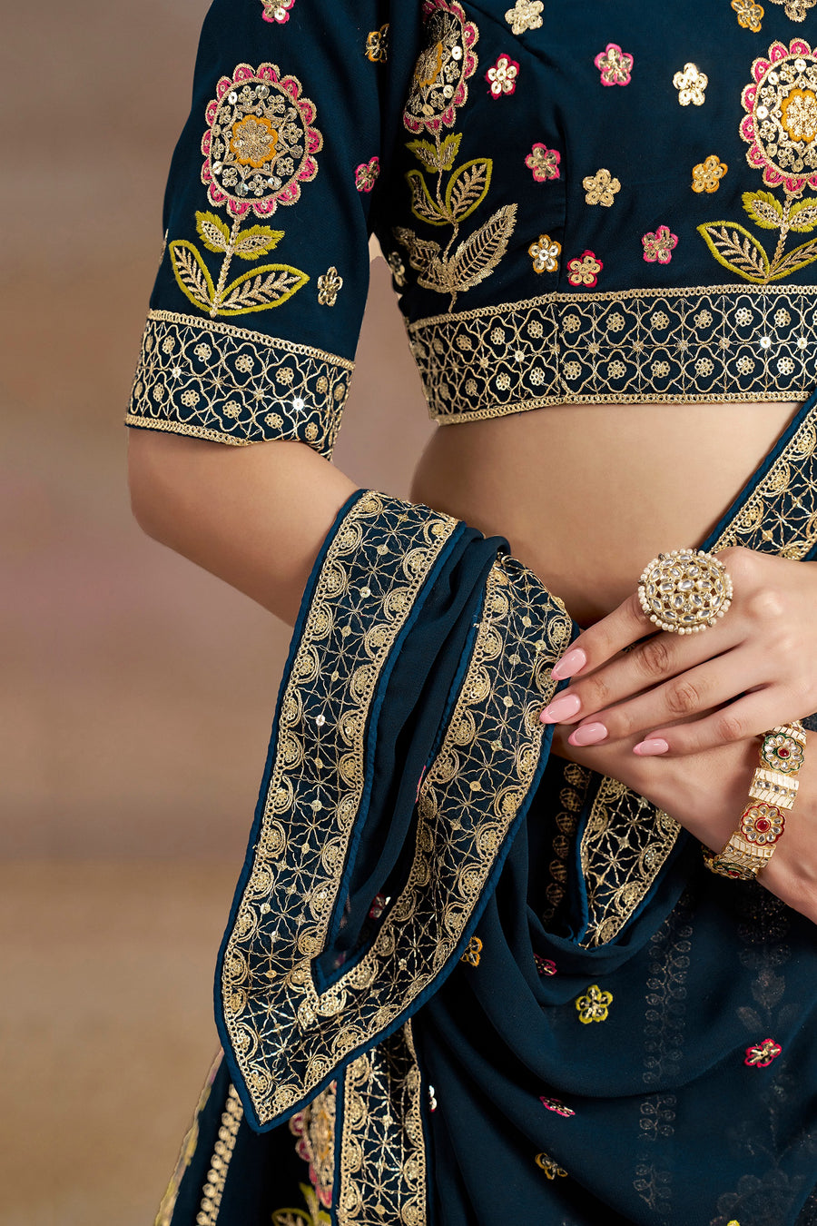 Navy Blue Georgette Lehenga Choli For Indian & Pakistani Wedding Festival - Zari Work, Resham Embroidery Work, Sequence Embroidery Work, Dori Work