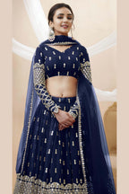 Navy Blue Georgette Lehenga Choli For Indian & Pakistani Wedding Festival - Sequins & Thread Embroidery Work, Zari Work