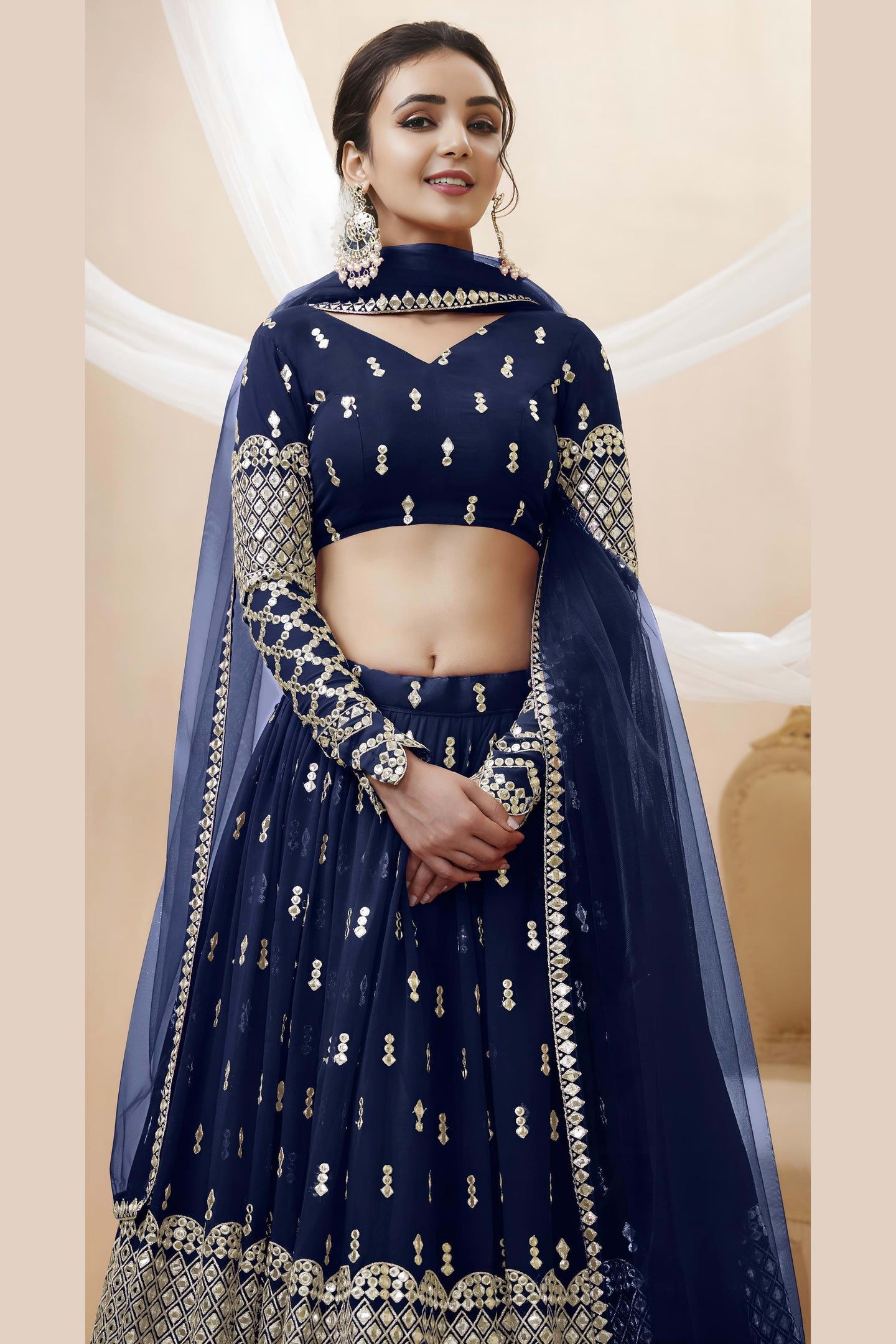 Navy Blue Georgette Lehenga Choli For Indian & Pakistani Wedding Festival - Sequins & Thread Embroidery Work, Zari Work