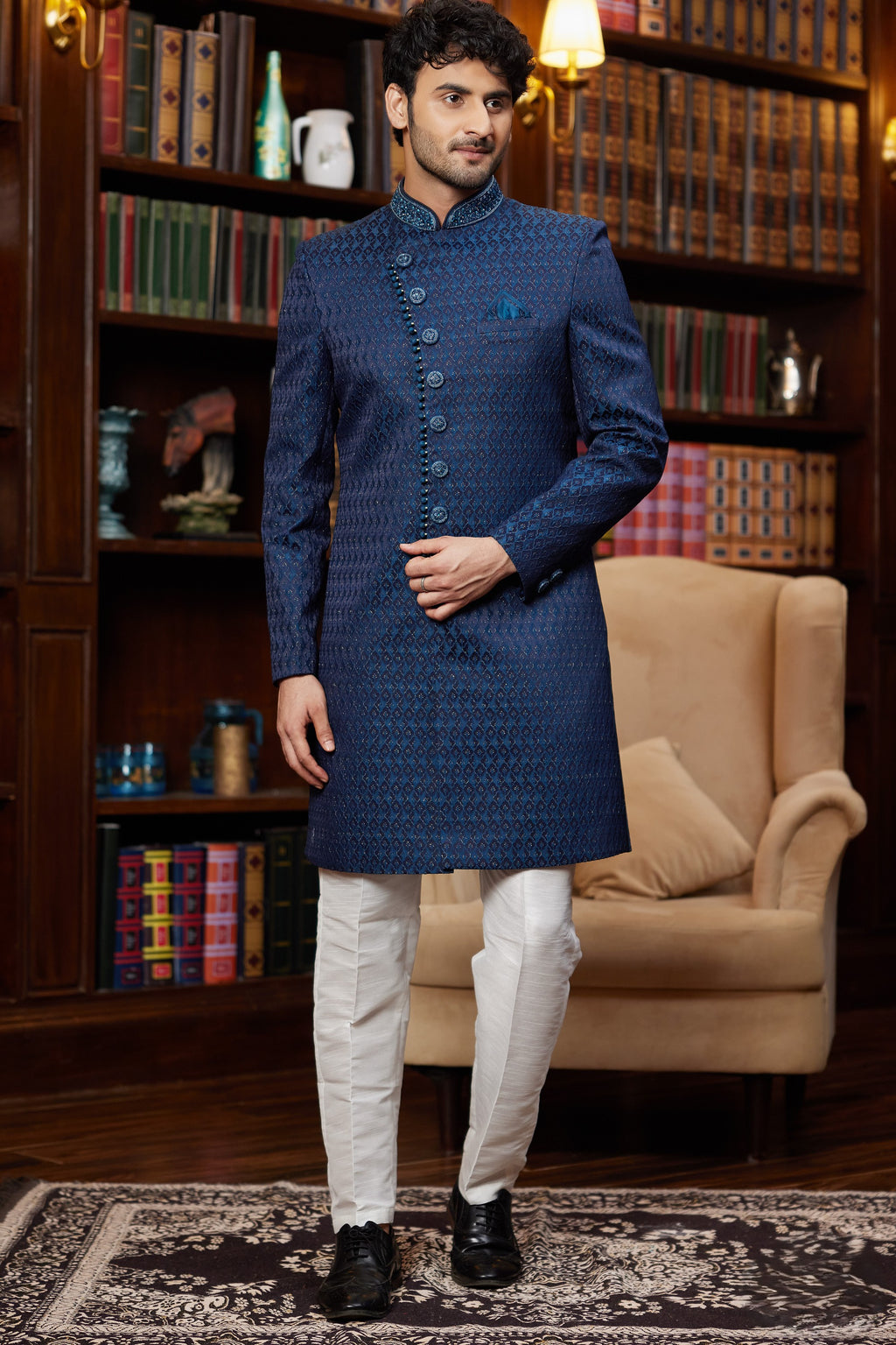 Navy Blue Jacquard Silk Indo Western Traditional Sherwani Long Kurta & Pant Suit for Men for Wedding - Embroidery Work