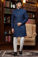 Navy Blue Jacquard Silk Indo Western Traditional Sherwani Long Kurta & Pant Suit for Men for Wedding - Embroidery Work