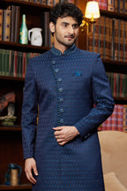 Navy Blue Jacquard Silk Indo Western Traditional Sherwani Long Kurta & Pant Suit for Men for Wedding - Embroidery Work