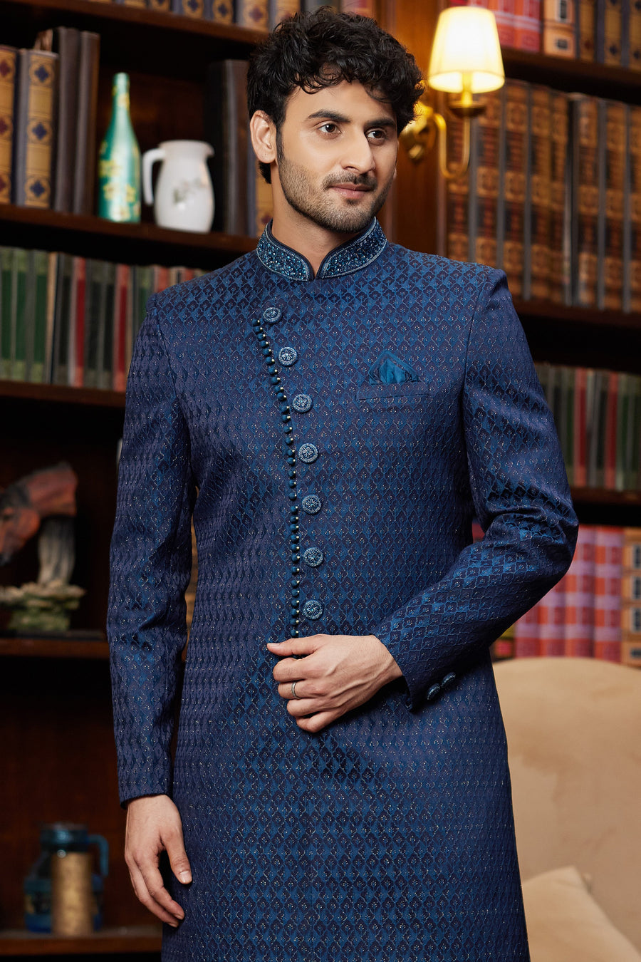 Navy Blue Jacquard Silk Indo Western Traditional Sherwani Long Kurta & Pant Suit for Men for Wedding - Embroidery Work