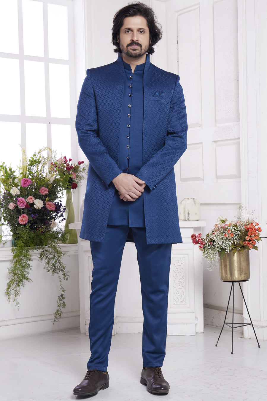 Navy Blue Jacquard Silk Indo Western Traditional Sherwani Kurta with Jacket & Pant for Men for Wedding - Embroidery Work