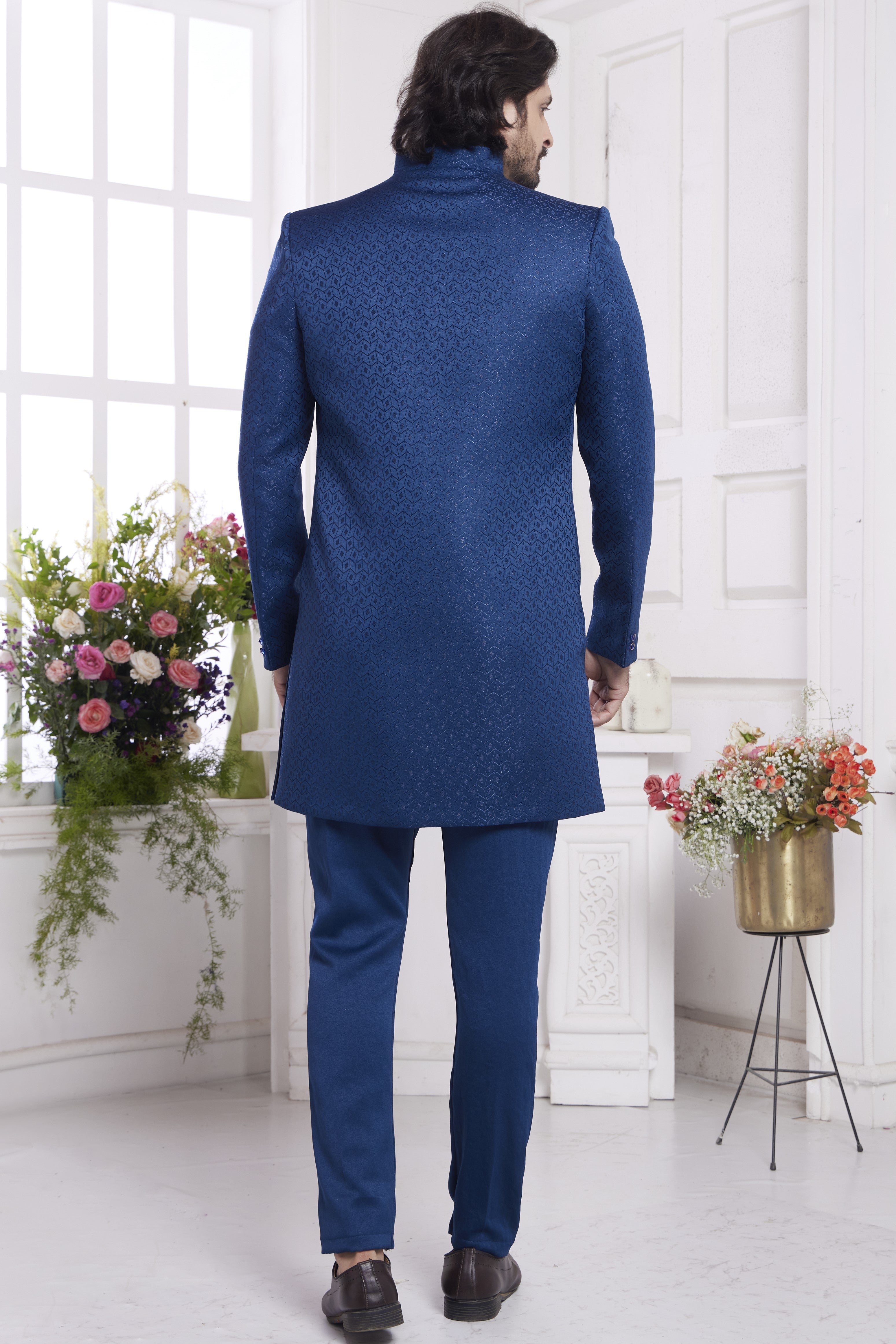 Navy Blue Jacquard Silk Indo Western Traditional Sherwani Kurta with Jacket & Pant for Men for Wedding - Embroidery Work