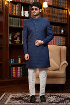Navy Blue Jacquard Silk Indo Western Traditional Sherwani Long Kurta & Pant Suit for Men for Wedding - Embroidery Work