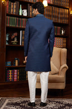 Navy Blue Jacquard Silk Indo Western Traditional Sherwani Long Kurta & Pant Suit for Men for Wedding - Embroidery Work