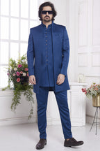 Navy Blue Jacquard Silk Indo Western Traditional Sherwani Kurta with Jacket & Pant for Men for Wedding - Embroidery Work