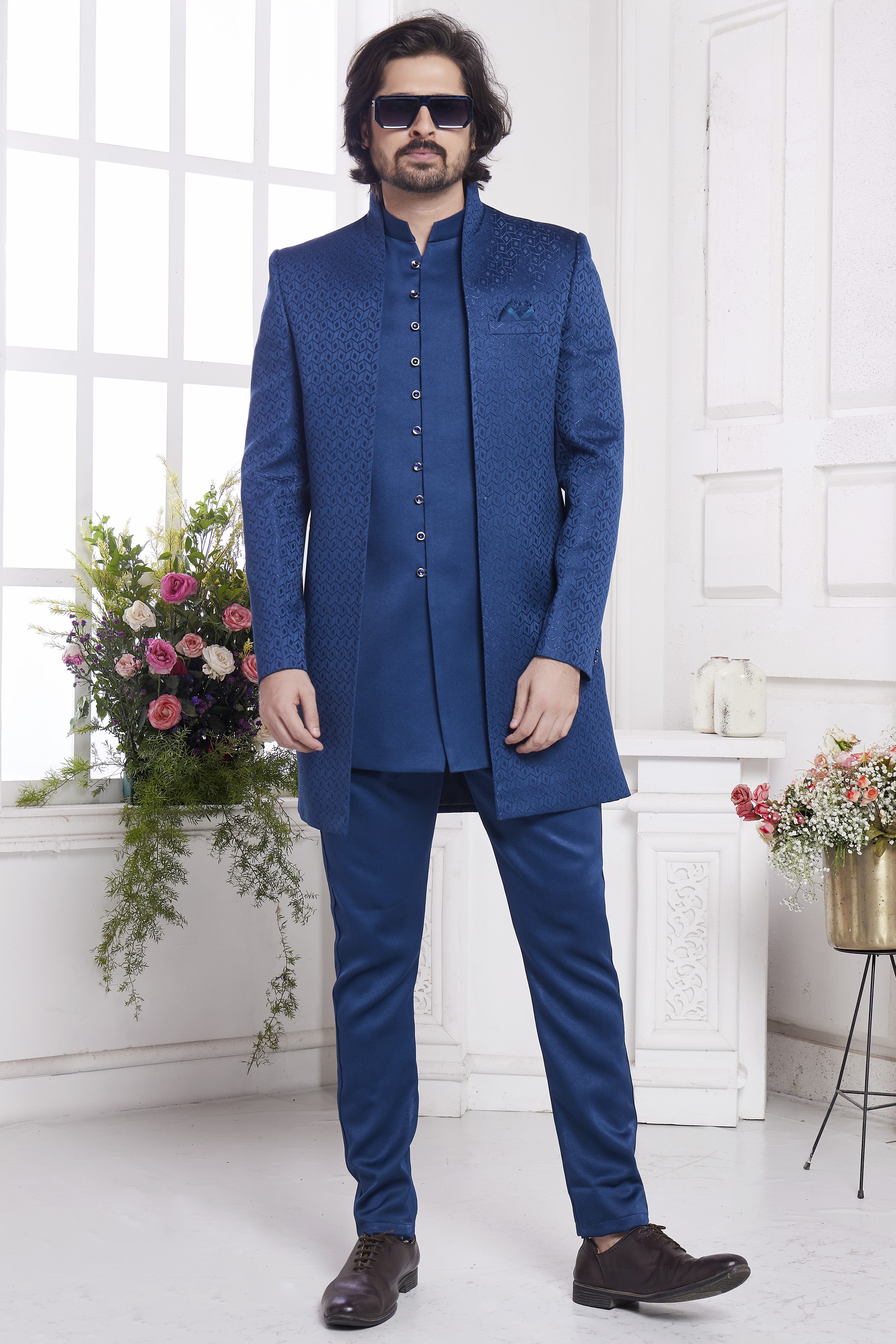 Navy Blue Jacquard Silk Indo Western Traditional Sherwani Kurta with Jacket & Pant for Men for Wedding - Embroidery Work