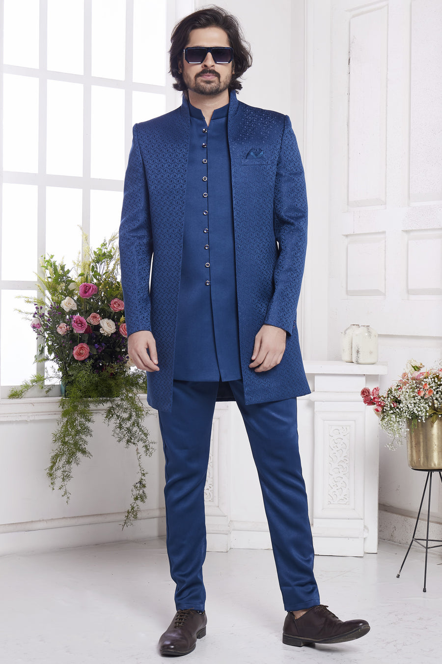 Navy Blue Jacquard Silk Indo Western Traditional Sherwani Kurta with Jacket & Pant for Men for Wedding - Embroidery Work