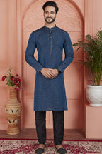 Navy Blue Jacquard Silk Plain Straight Kurta Pajama for Men for Festival & Wedding