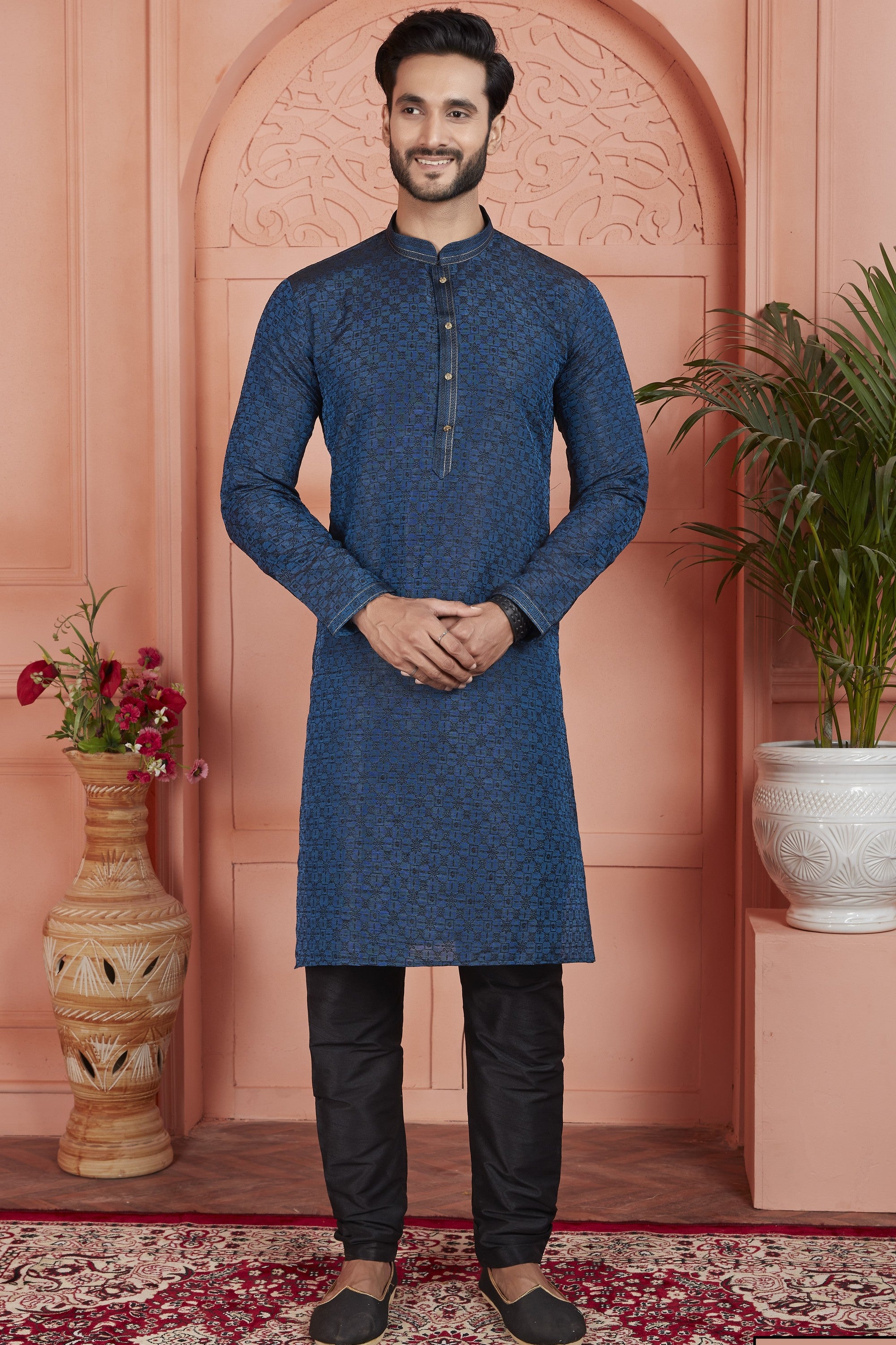 Navy Blue Jacquard Silk Plain Straight Kurta Pajama for Men for Festival & Wedding