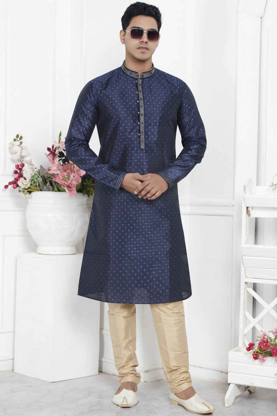 Navy Blue Jacquard Silk Plain Straight Kurta Pajama for Men for Wedding & Festival