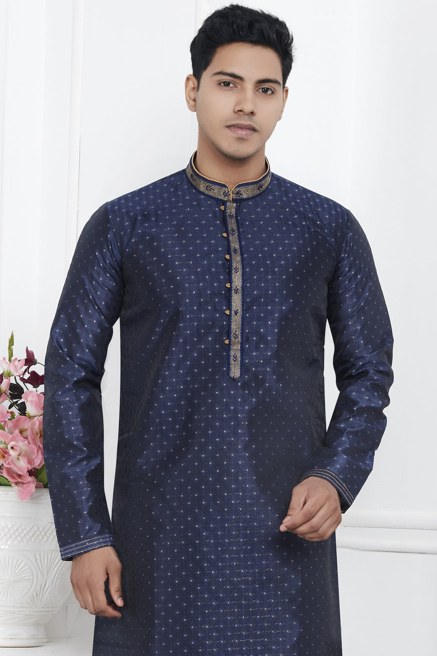 Navy Blue Jacquard Silk Plain Straight Kurta Pajama for Men for Wedding & Festival