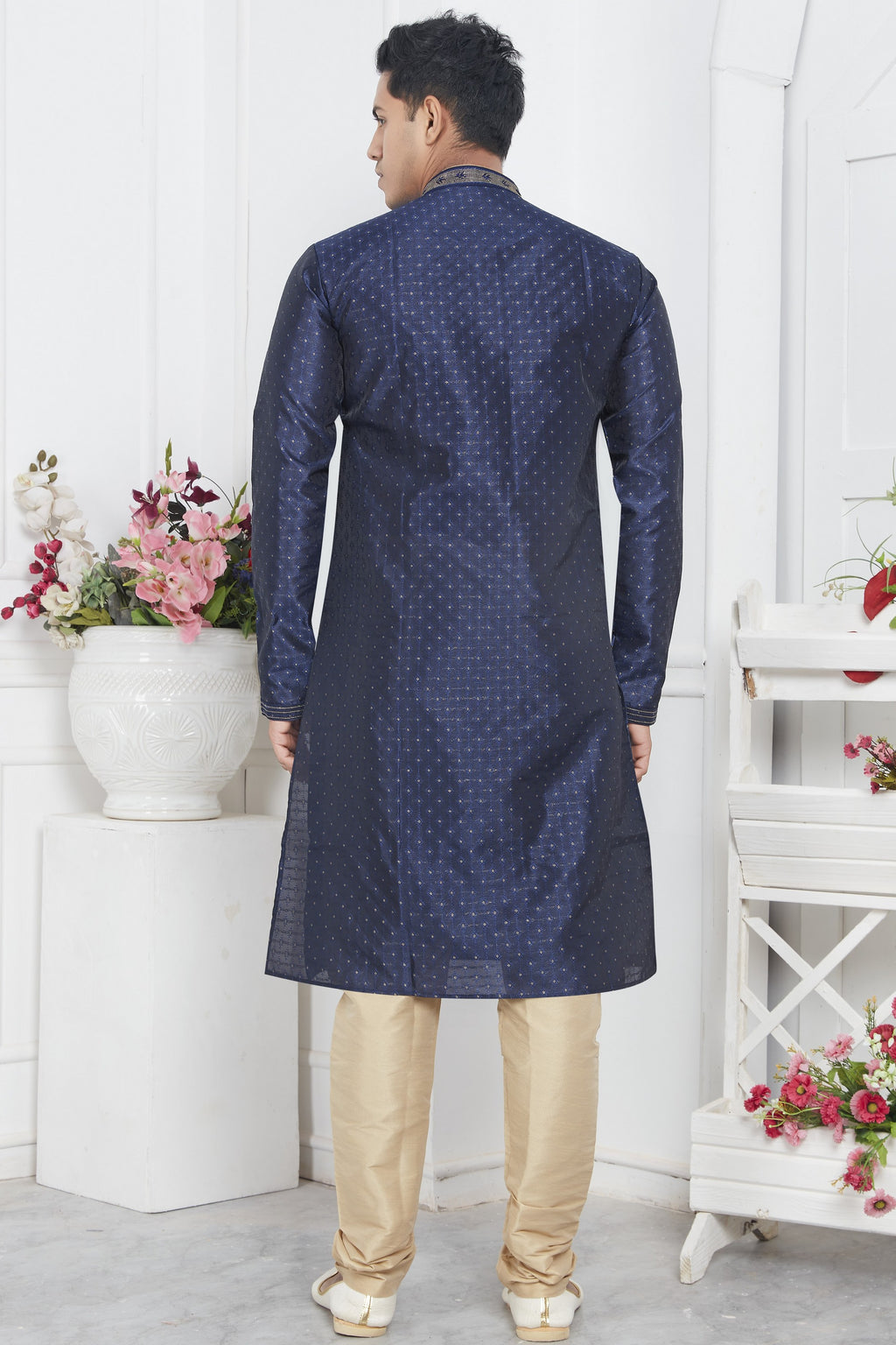 Navy Blue Jacquard Silk Plain Straight Kurta Pajama for Men for Wedding & Festival