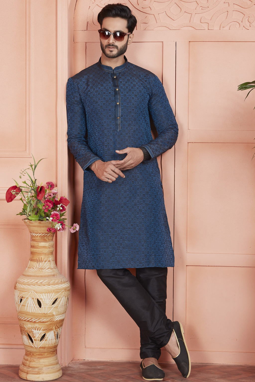 Navy Blue Jacquard Silk Plain Straight Kurta Pajama for Men for Festival & Wedding