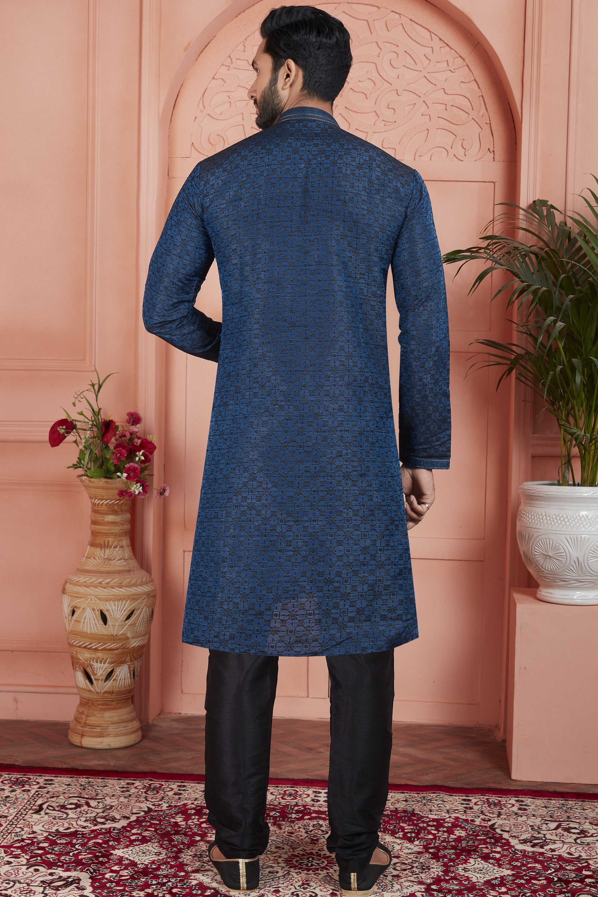 Navy Blue Jacquard Silk Plain Straight Kurta Pajama for Men for Festival & Wedding