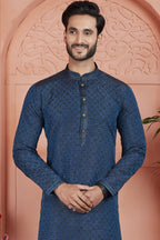 Navy Blue Jacquard Silk Plain Straight Kurta Pajama for Men for Festival & Wedding