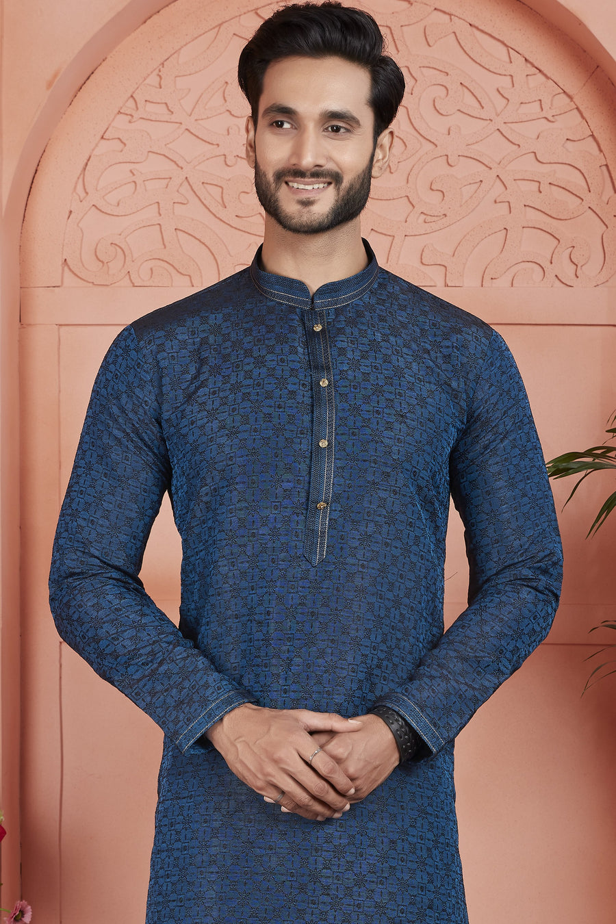 Navy Blue Jacquard Silk Plain Straight Kurta Pajama for Men for Festival & Wedding