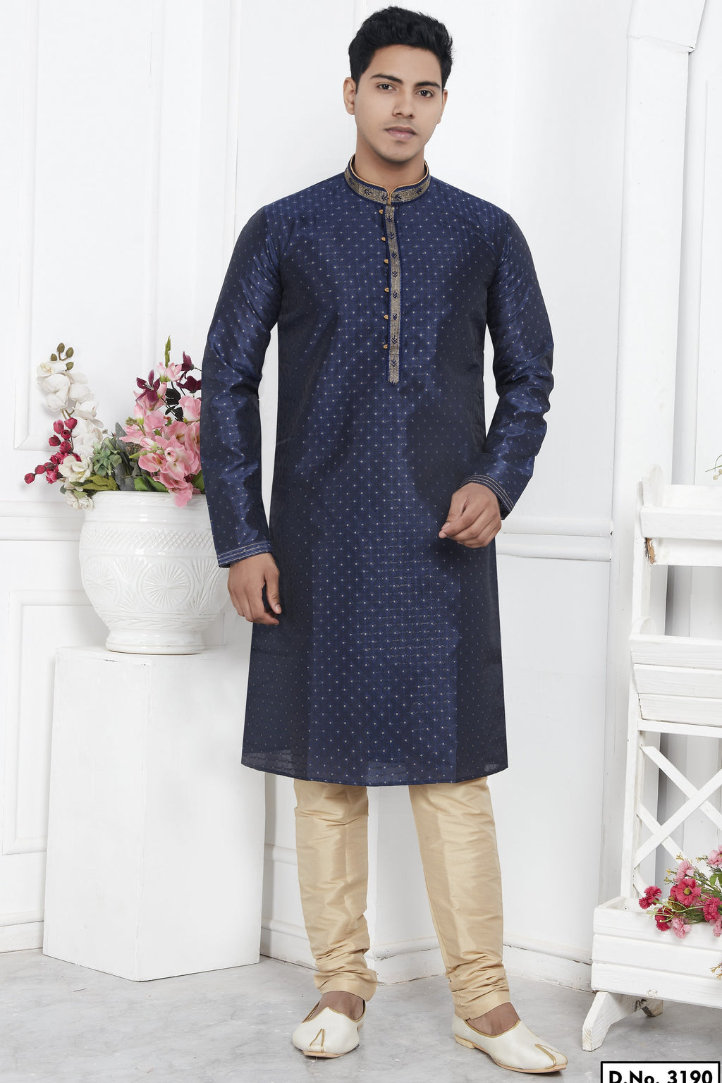 Navy Blue Jacquard Silk Plain Straight Kurta Pajama for Men for Wedding & Festival