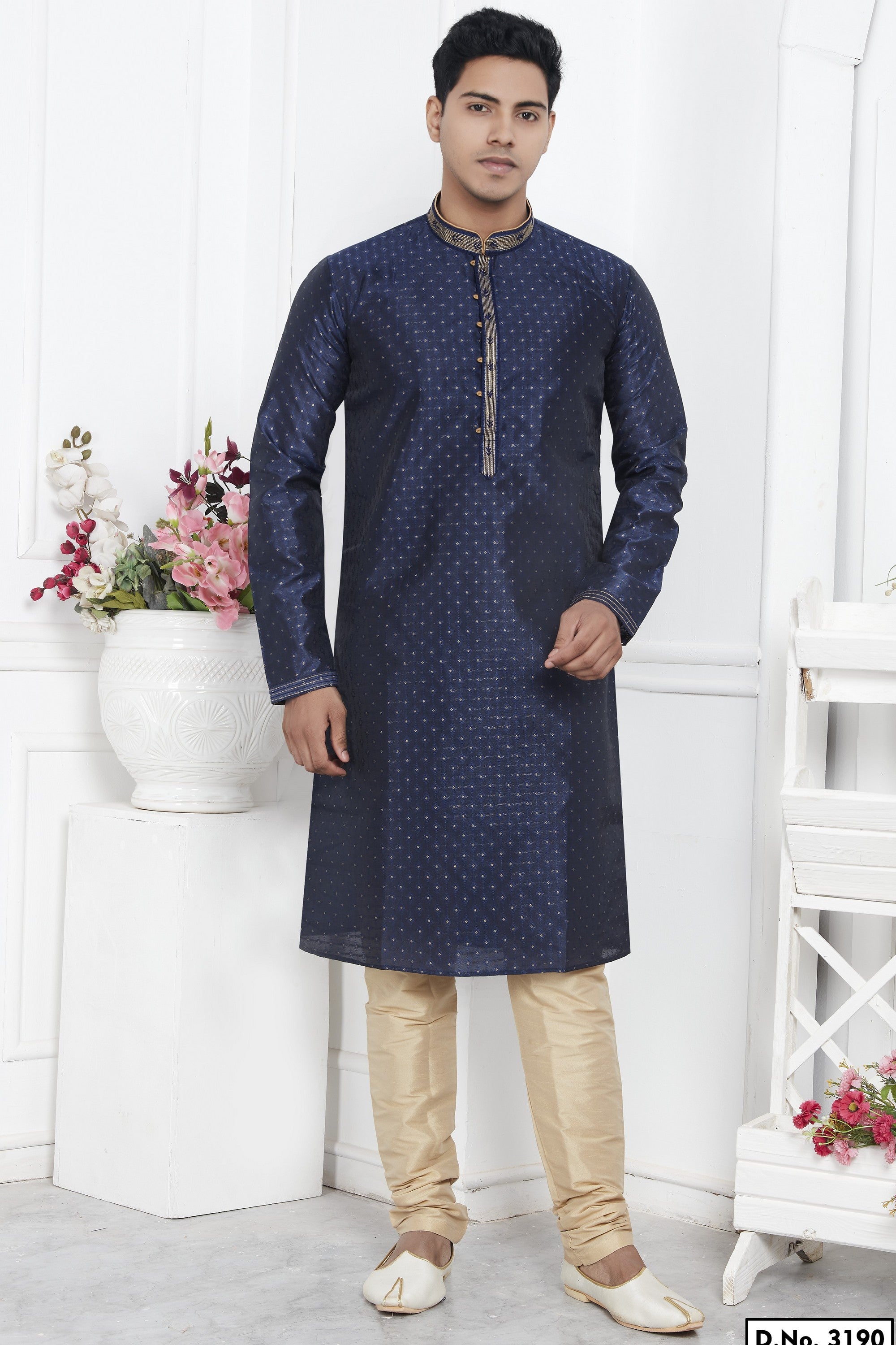 Navy Blue Jacquard Silk Plain Straight Kurta Pajama for Men for Wedding & Festival