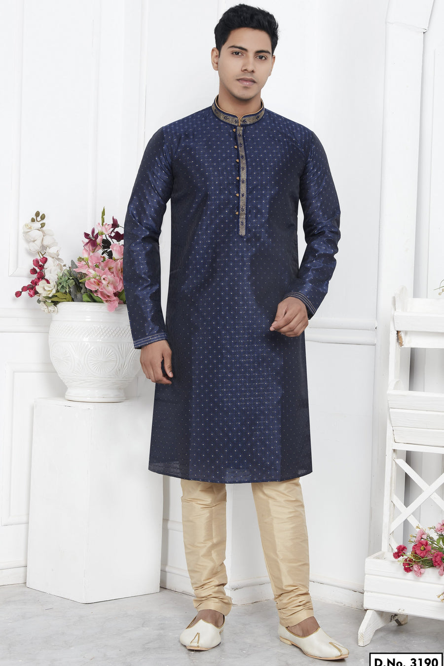 Navy Blue Jacquard Silk Plain Straight Kurta Pajama for Men for Wedding & Festival