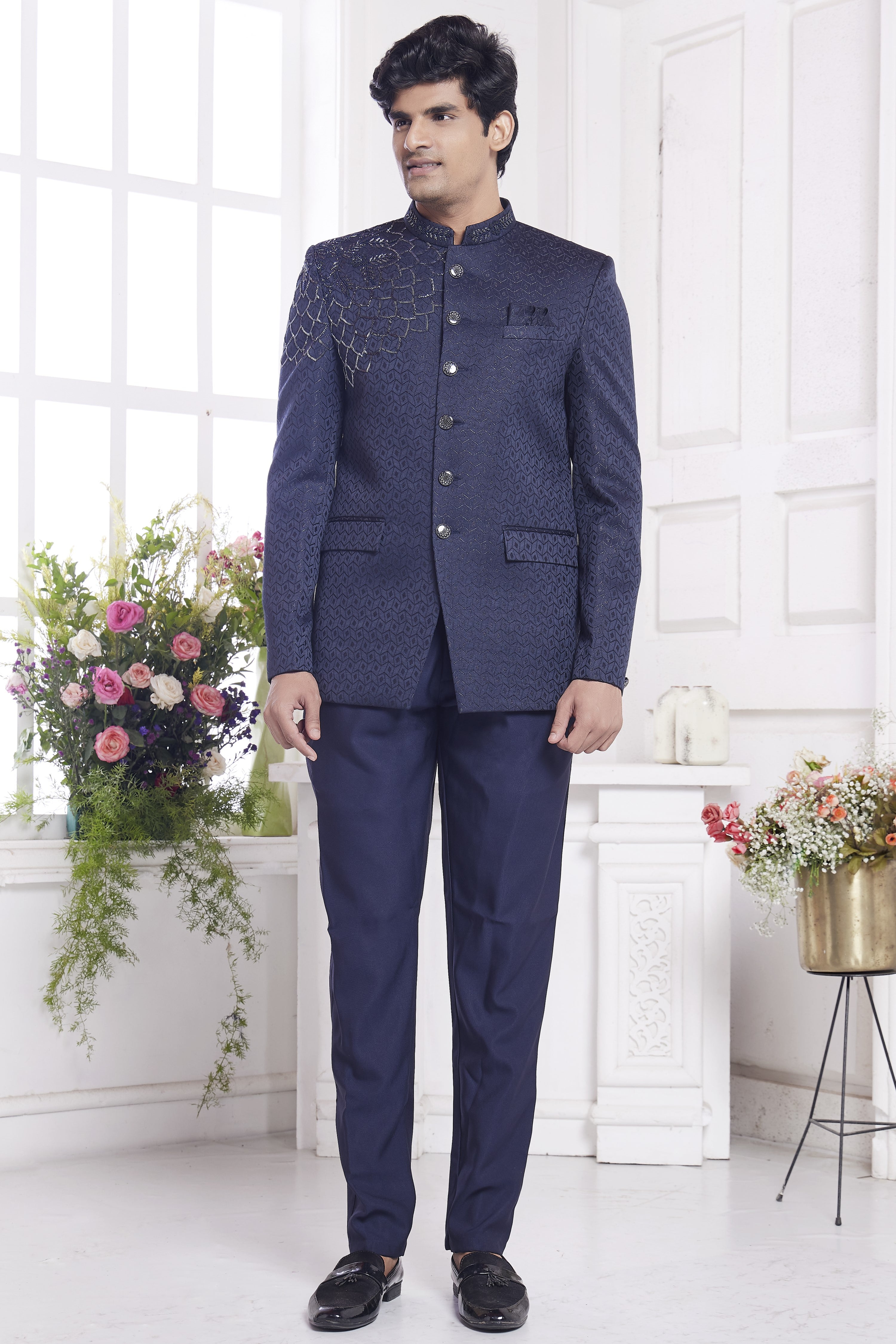Navy Blue Jacquard Silk Traditional Jodhpuri Suits with Pant for Men for Wedding - Embroidery Work