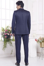 Navy Blue Jacquard Silk Traditional Jodhpuri Suits with Pant for Men for Wedding - Embroidery Work