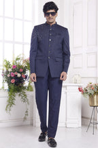Navy Blue Jacquard Silk Traditional Jodhpuri Suits with Pant for Men for Wedding - Embroidery Work
