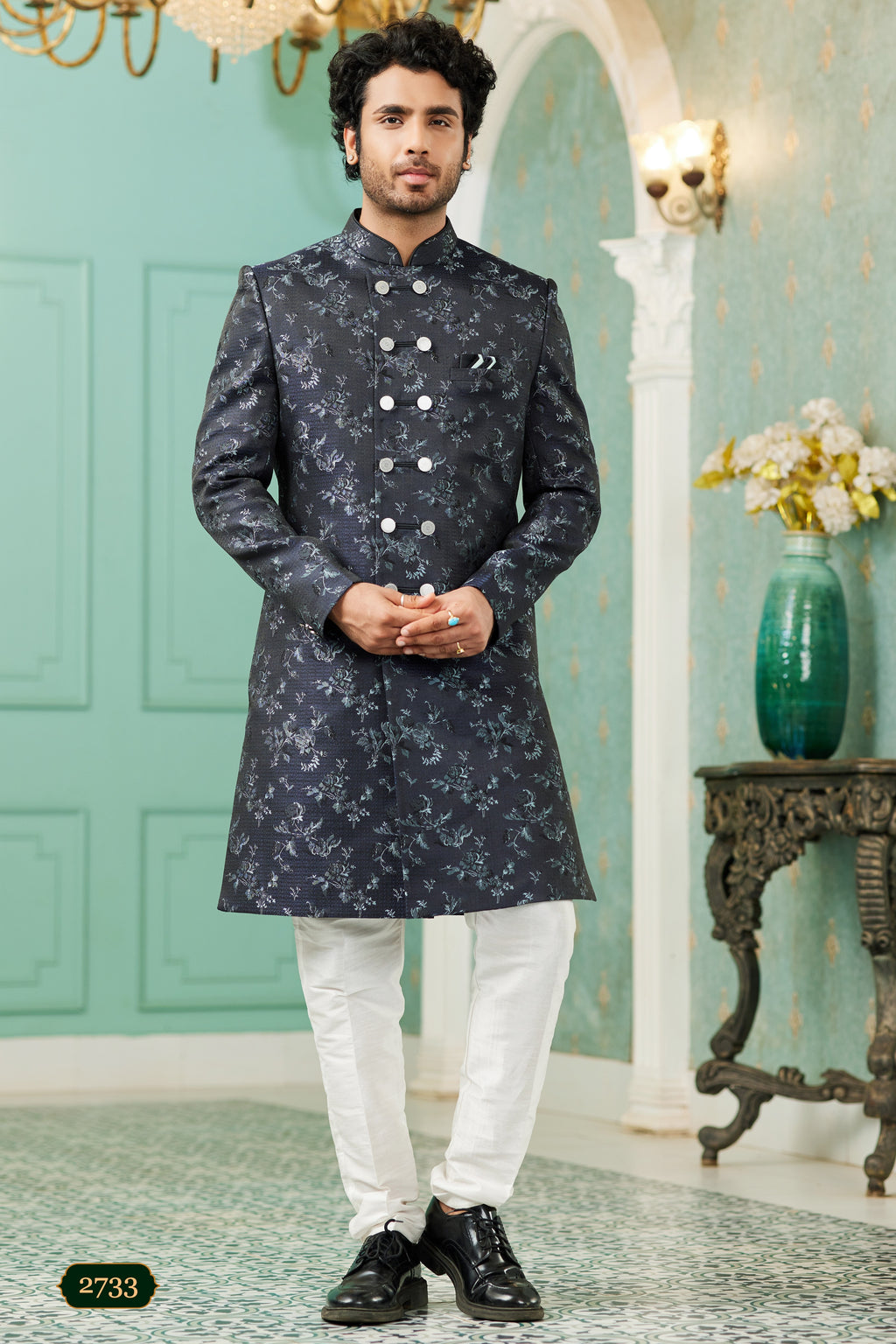 Navy Blue Jacquard Silk Wedding Suit Indowestern Long Kurta & Pant for Men - Jacquard Work