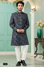 Navy Blue Jacquard Silk Wedding Suit Indowestern Long Kurta & Pant for Men - Jacquard Work