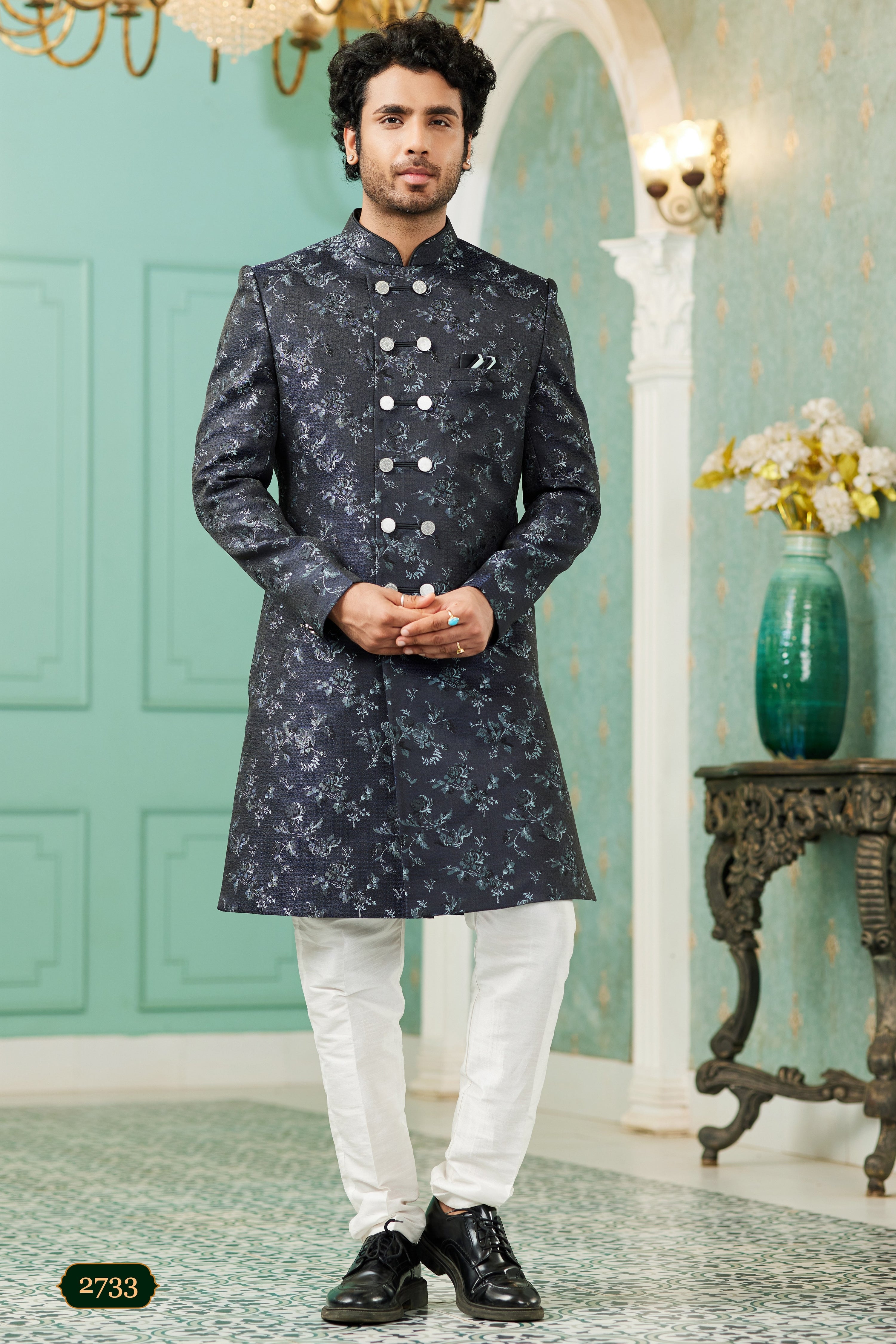 Navy Blue Jacquard Silk Wedding Suit Indowestern Long Kurta & Pant for Men - Jacquard Work