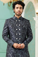 Navy Blue Jacquard Silk Wedding Suit Indowestern Long Kurta & Pant for Men - Jacquard Work
