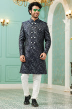 Navy Blue Jacquard Silk Wedding Suit Indowestern Long Kurta & Pant for Men - Jacquard Work