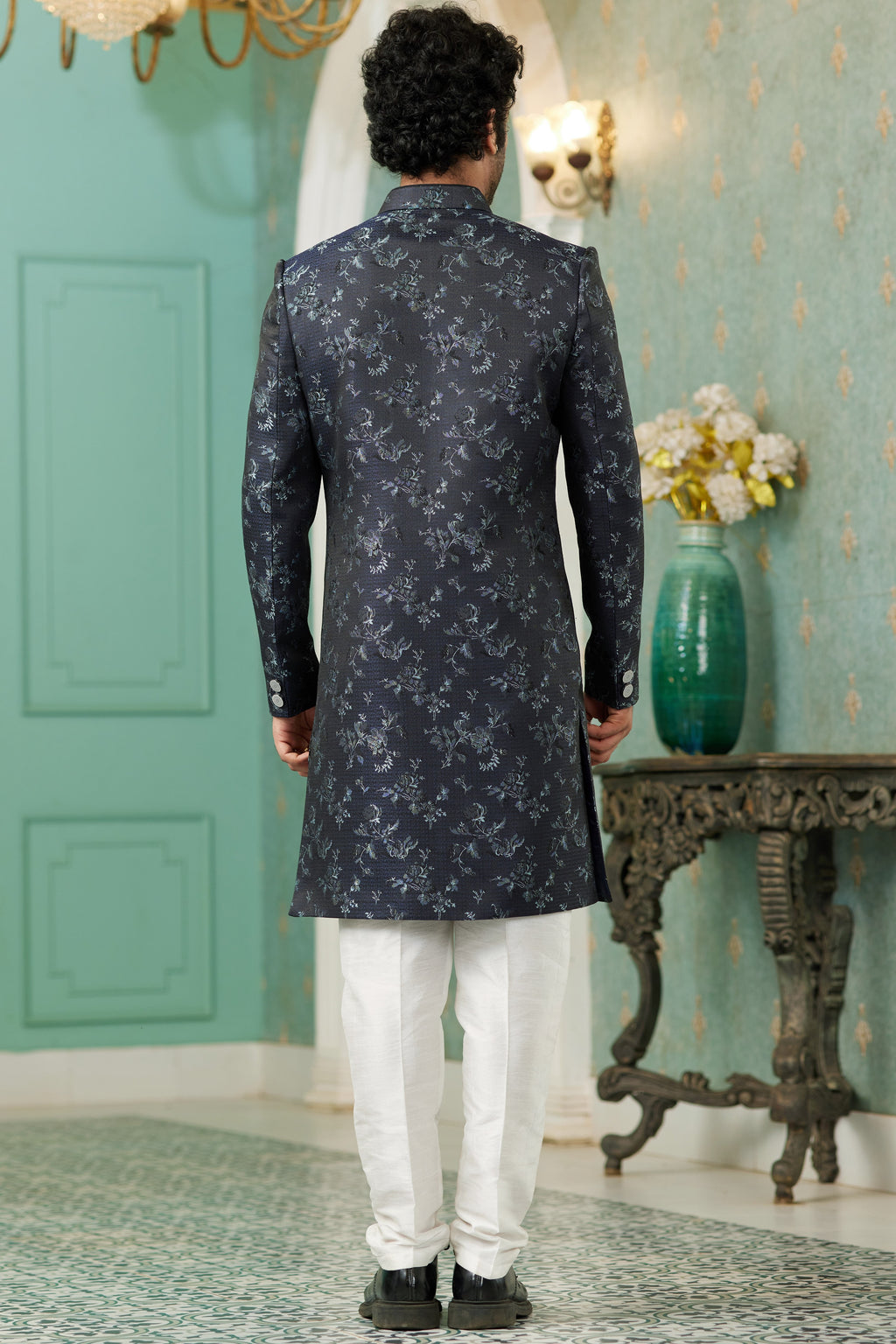 Navy Blue Jacquard Silk Wedding Suit Indowestern Long Kurta & Pant for Men - Jacquard Work