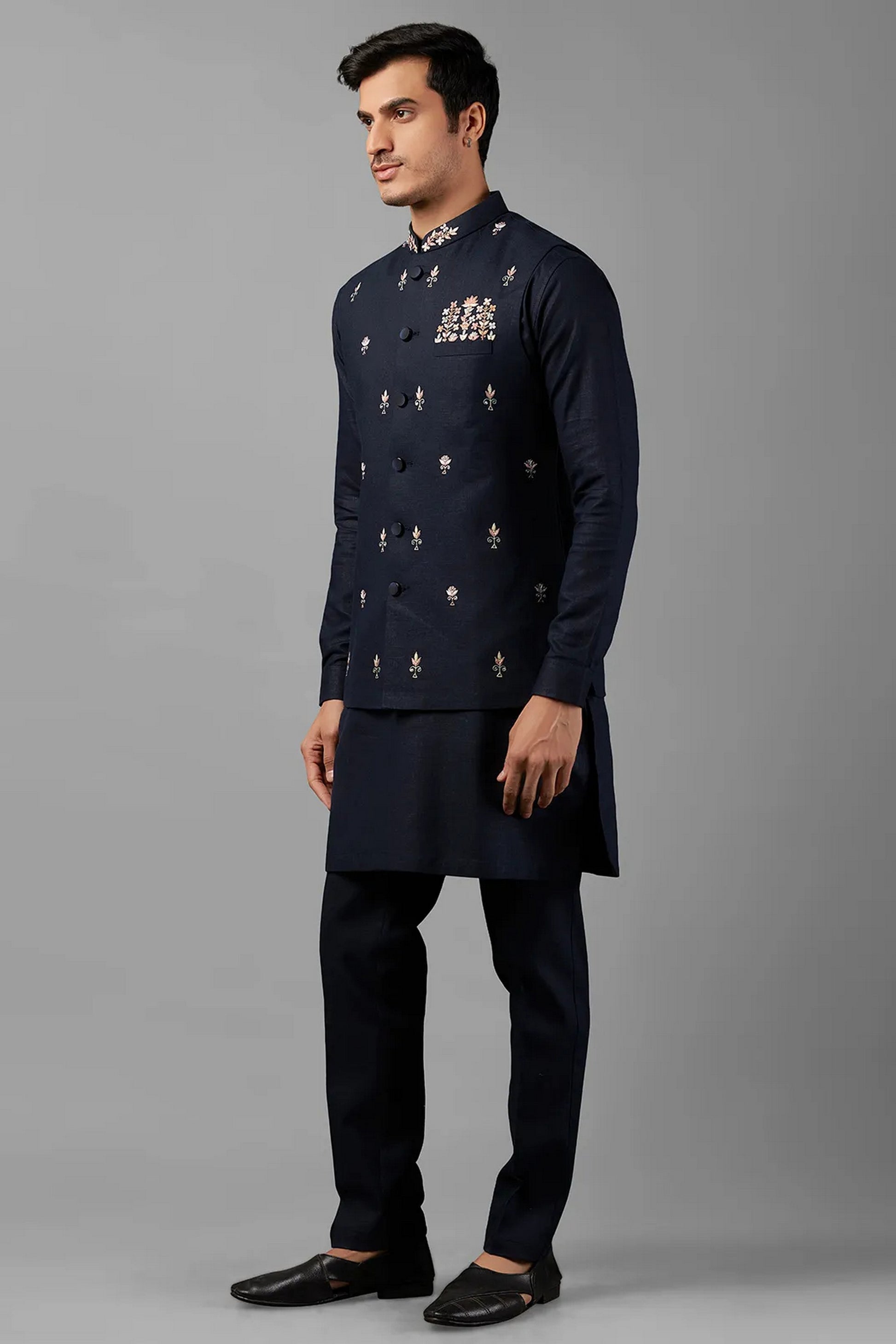 Navy Blue Linen Men's Wedding Suit Waistcoat, Kurta with Pant - Embroidery Work