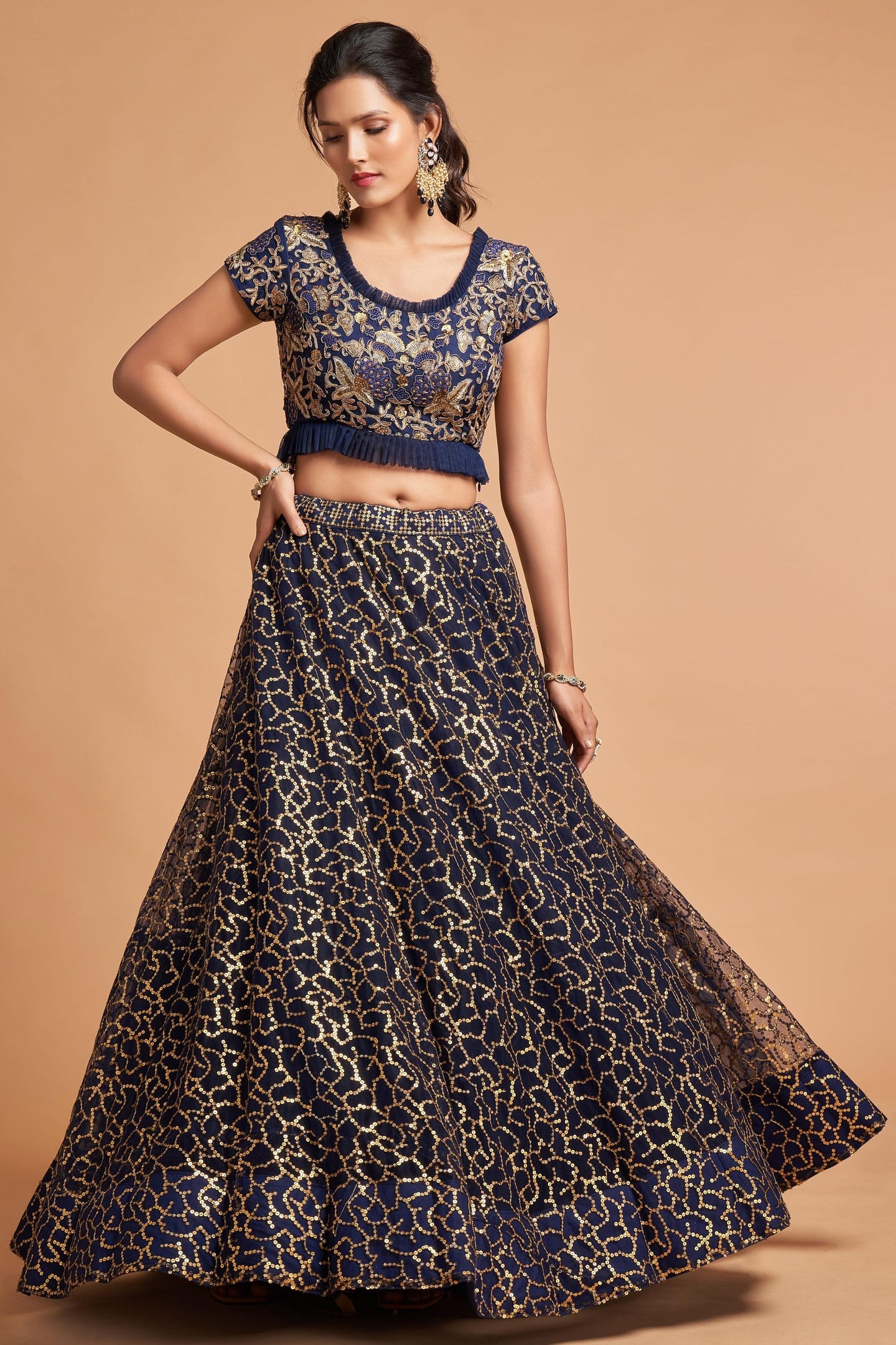 Navy Blue Net Partywear Lehenga Choli For Indian & Pakistani Wedding Festival - Sequins & Thread Embroidery Work, Zari Work, Dori Work